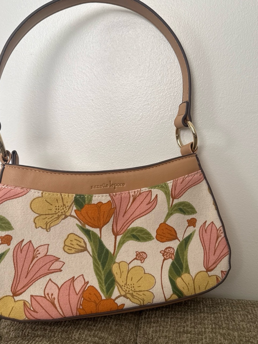 Nanette Lepore Floral Canvas Shoulder Bag in Tan, Pink, Orange, Yellow